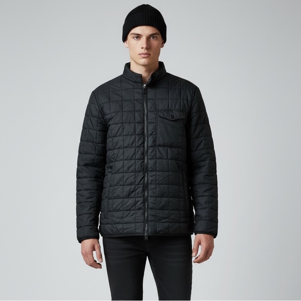 Zara Men‎ Black Quilted Puffer Jacket XL Lightweight Grid Zip Up